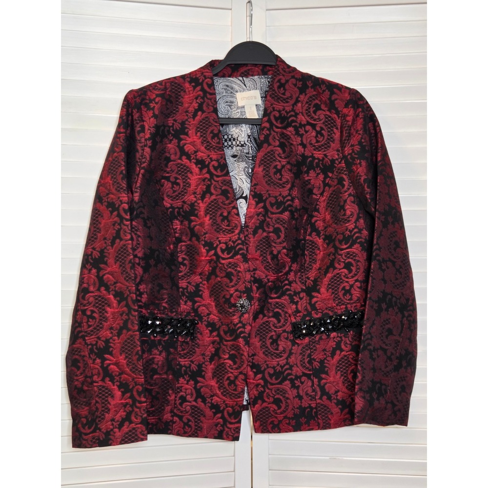 Chicos Red Black Damask Jacquard Blazer Size 1 Beaded Jeweled Holiday Jacket